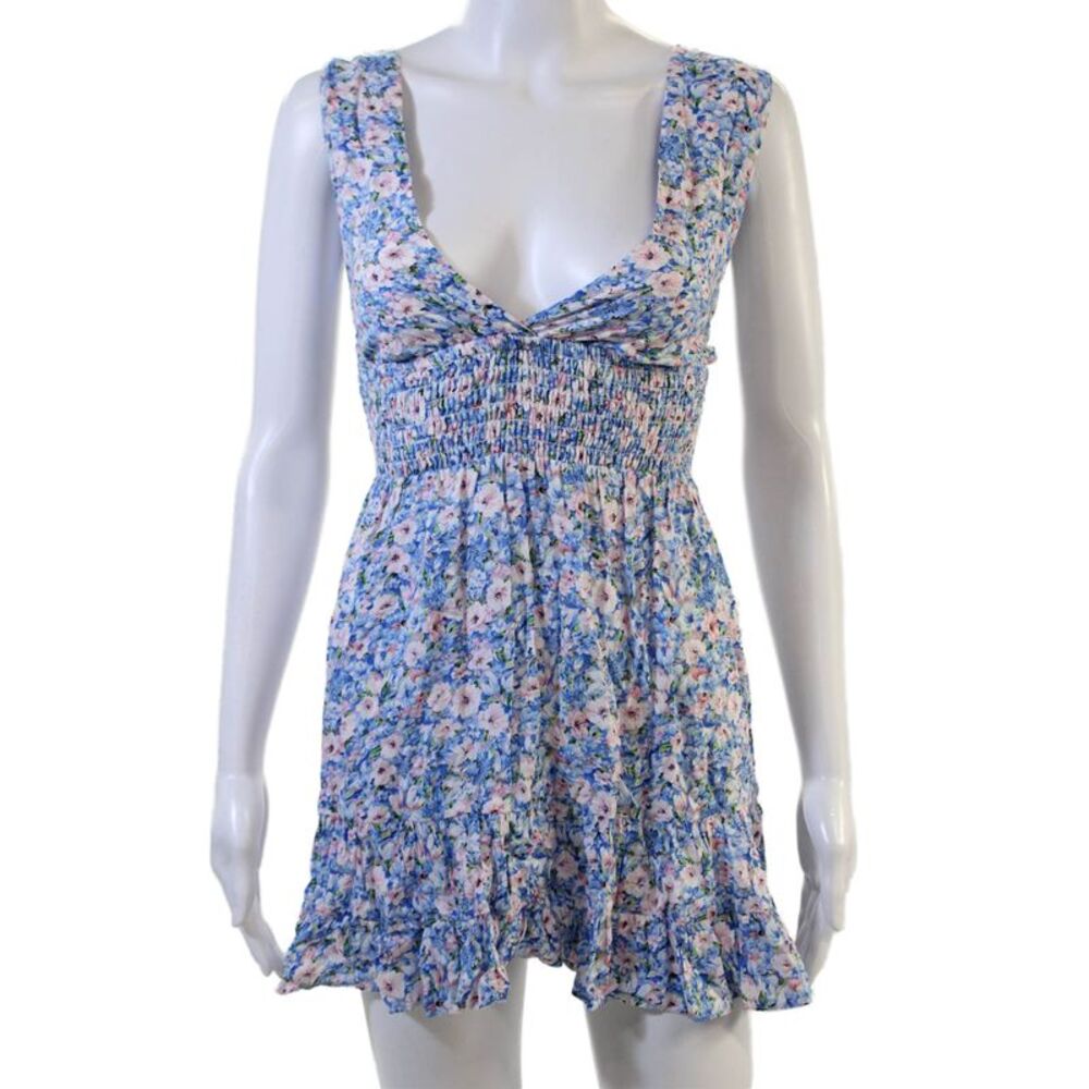 Designer Womens Blue Floral V-Neck Sundress Sleeveless Rayon Size XS